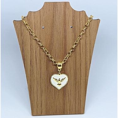 Imagem de Colar Religioso Feminino Corrente Elo Português Folheado a Ouro Pingente medalha Coraçao Divino espirito santo Cordão