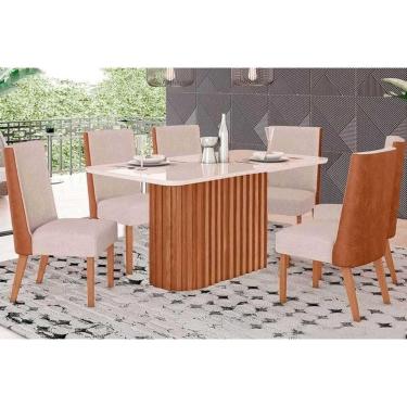 Imagem de Conjunto: Mesa de Cozinha Solana SC68 Tampo Madeirado c/ Vidro Canto Curvo 160x90cm e 6 Cadeiras Anne Nature/Courano/Creme - Henn