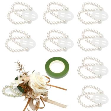 Imagem de 8 peças de pulseira de corsage elástica pérola pulseira de casamento corsage pulseira de pérola elástica pulseira de casamento com fita floral verde para casamento, One Size, Plástico, Pérola
