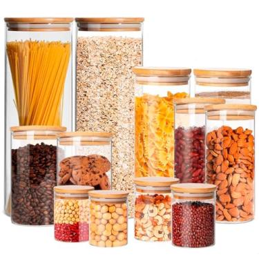 Imagem de Kit 12 Potes Herméticos de Vidro com Tampa de Bambu | Inclui Etiquetas e Caneta branca | Capacidades 200ml, 250ml, 400ml, 600ml, 800ml, 2000ml | Organização e Estilo para sua Cozinha