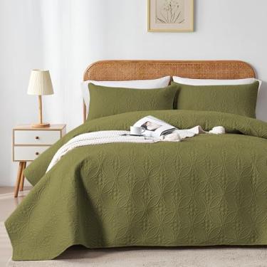 Imagem de WURUIBO Conjunto de colcha de solteiro, verde-oliva, colchas leves de microfibra, cobertor sólido em relevo ultrassônico, conjunto de cama fino para todas as estações, capa de cama macia e respirável