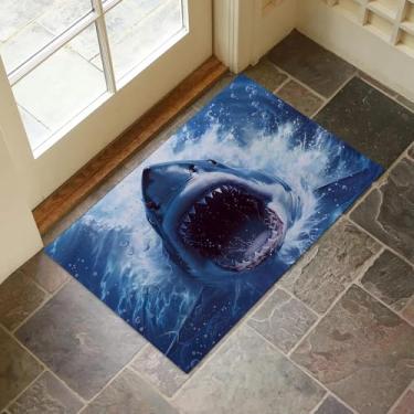 Imagem de VANZEV Tapete de porta interior Shark Attack para entrada, 43 x 75 cm, tapete com tema oceano azul para decoração de casa, tapete antiderrapante para sala de estar, cozinha, quarto, presentes para