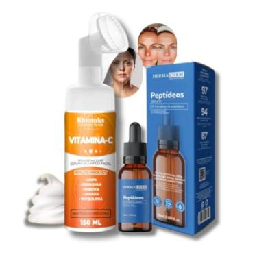Imagem de Kit Skincare Mousse Micelar Vitamina C Limpeza Facial+Sérum Peptideos Anti Manchas e Olheiras Efeito Lifting