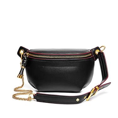 Imagem de Bolsas de cintura femininas de couro genuíno de luxo bolsa de ombro com corrente cinto bolsa tiracolo para mulheres(Black)