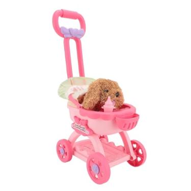 Imagem de Brinquedo de carrinho de boneca para animais de estimação, carrinho de bebê fofo de plástico, cachorro de pelúcia interativo que pode andar e latir, para crianças e meninas