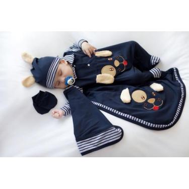 Imagem de Saída Maternidade Cachorrinho Dog Bebê Marinho com Touca de Malha 100%