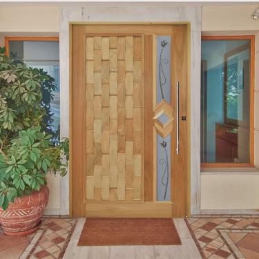 Imagem de Kit Porta de Madeira Pivotante 210x102cm Batente 14cm Fechadura 803 Rolete Externa Com Visor Hale