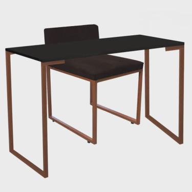 Imagem de Kit Mesa Escrivaninha Stan e Cadeira Lee Industrial Escritório Tampo Preto Bronze Tecido Sintético Marrom - Ahz Móveis