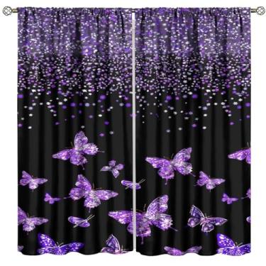 Imagem de Cortinas de borboleta, borboleta roxa, fantasia romântica, decoração de casa, quarto, sala de estar, conjunto de 2 painéis, tamanho total 107 cm L x 114 cm C