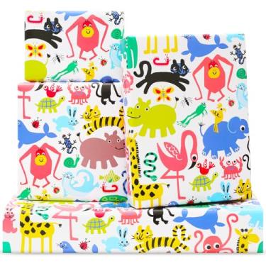 Imagem de DXRJMB Papel de embrulho de animais para meninos e meninas, 6 folhas de papel de embrulho com design de crocodilo, tigre, girafa e elefante, 51 x 71 cm por folha, embrulho de presente para chá de bebê