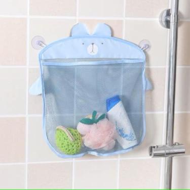 Imagem de Organizador de Brinquedos para Banheiro, Banho, com Ventosas, Infantil Design de Urso e Tubarão, Azul e Cinza, Rede de Malha para Armazenamento (Azul)