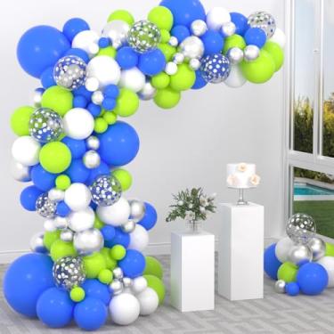 Imagem de Kit de arco de balão azul e verde - Balões azuis verde-limão, guirlanda de arco de balão de prata branca para decoração de aniversário de chá de bebê, dinossauro, aniversário, festa de casamento