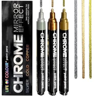 Imagem de Life of Colour Canetas de tinta – Conjunto de 3 canetas de tinta cromada - marcadores de prata, cobre e ouro - Canetas de tinta com acabamento espelhado para pedras, arte mandala, papel preto,
