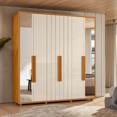 Imagem de Guarda Roupa Casal Ripado em MDF com Espelhos 6 Portas e Pés Portinari Madetec - Cinamomo/Off White