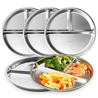 Imagem de CrazyTerra Pratos divididos para adultos (5 pacotes), placa de controle de porção de aço inoxidável 304 seccionada com divisórias, separador de alimentos de metal de 22 cm, compartimentos leves, sem