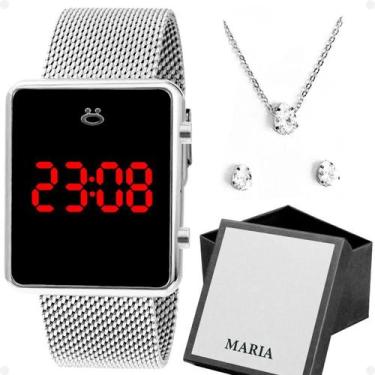 Imagem de Relogio Digital Feminino Prata + Brincos + Caixa + Colar - Orizom