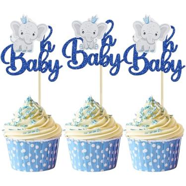 Imagem de Gyufise 24Pcs Elephant Oh Baby Cupcake Toppers Gold Glitter It's a Boy Cupcake Picks Gender Reveal Cake Decorations for Elephant Theme Baby Shower Kids Boys Birthday Party Cake Decorations Dark Blue