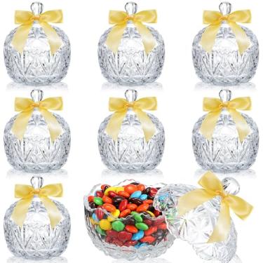 Imagem de Mimorou 8 potes de vidro para doces com tampas e laços, prato decorativo de cristal com fita de cetim, mini laços, tigela de lanche coberta, caixa de joias fofa, pote de biscoito para presente de