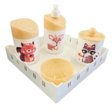 Imagem de Kit Higiene Bebê Floresta Encantada II Menina c/bandeja em MDF (Quadrada Branca/Madeira)