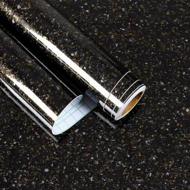 Imagem de EaseStick Papel de contato de granito preto dourado para bancadas à prova d'água brilhante papel de parede de mármore escuro descascar e colar papel de contato de bancada 39,9 cm x 406,4 cm envoltório