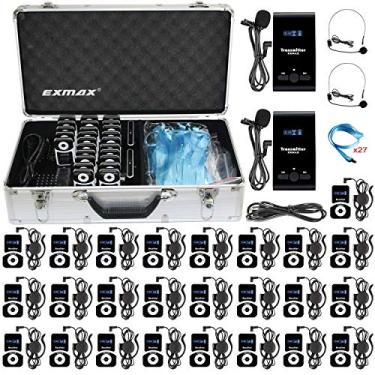 Imagem de EXMAX Sistema de transmissão de áudio de voz sem fio ATG-100T 195MHz para apresentações de conferência de tradução da igreja (2 transmissores e 25 receptores + caixa de carregamento de liga de