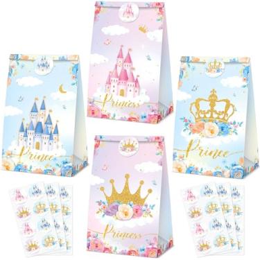 Imagem de Nezyo 32 peças de sacos de lembrancinha de princesa príncipe princesa coroa castelo sacos de festa incluem 4 estilos adesivos adesivos presentes doces para revelação de gênero, chá de panela