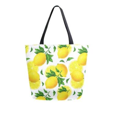 Imagem de Vuiyean Sacola feminina de lona amarela limão com folha verde com bolso com zíper, reutilizável, sacola de compras de supermercado, bolsa de ombro grande para viagem