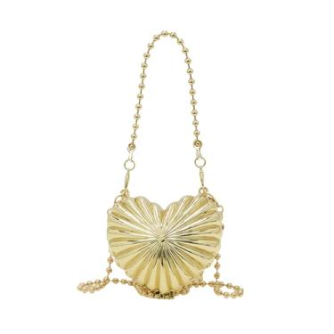 Imagem de Suillty Bolsa tiracolo feminina de metal para meninas, mini batom, corrente de pérola, bolsa tiracolo, Coração dourado, Mini