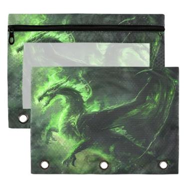 Imagem de Bolsas de fichário de dragão demônio 3 anéis para meninos meninas escola escritório faculdade suprimentos verde dinossauro fogo lápis bolsas bolsa bolsa com janela transparente e zíper 2 pacotes