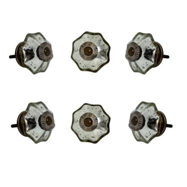 Imagem de Perilla Home Conjunto de 6 puxadores de vidro antigo melão espelhado para armários de cozinha - puxadores de vidro de cristal e puxador para gaveta de cômoda | sala de estar | cozinha | banheiro |