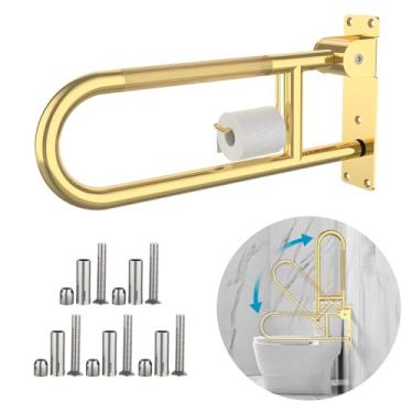 Imagem de Barra de apoio para vaso sanitário em forma de U de 57 cm, trilho de suporte antiderrapante dourado Munzong com suporte de papel, corrimãos de segurança serrilhadas de aço inoxidável para grávidas com