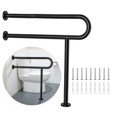 Imagem de Trilho de suporte de vaso sanitário 79 x 80 cm, barra de apoio Munzong preta antiderrapante para banheiro, corrimãos de segurança serrilhados de aço inoxidável com perna para grávidas com deficiência