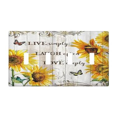 Imagem de Capa de interruptor de luz rústica vintage de girassol com citação inspiradora quadriciclo casa de fazenda amarela floral 4 dispositivos placa de parede decorativa 4 furos placa elétrica placa frontal