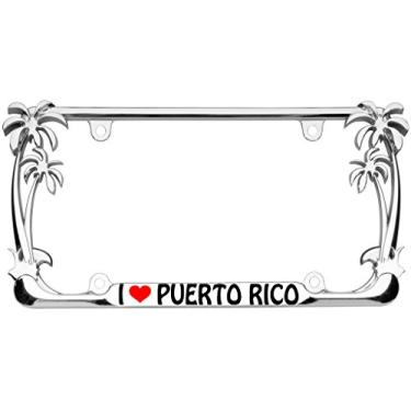 Imagem de I Love Puerto Rico Design de palmeira cromado metal cromado suporte de etiqueta de carro com bandeira de carro (3CHROME/Preto)