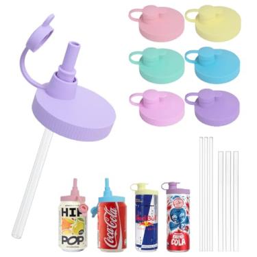 Imagem de Pacote com 6 tampas de lata de refrigerante com palha, tampas de lata reutilizáveis, capa de silicone sem BPA, para refrigerante, coca, cerveja, suco, serve para latas padrão