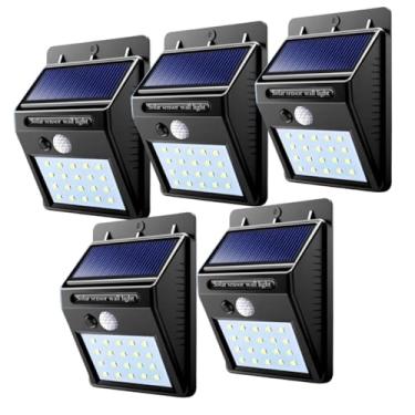 Imagem de Kit 5 Luminárias Solar de Parede com Sensor de Movimento, LED Branco Frio 6500K, Resistente à Água IP65, Energia Solar para Área Externa, Jardim, Varanda, Preto