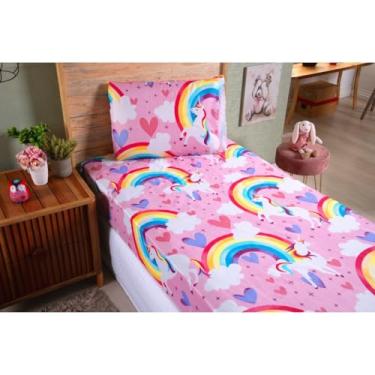Imagem de Kit Jogo De Lençol Solteiro Com Elástico 2 Peças(Unicórnio Arco-íris)