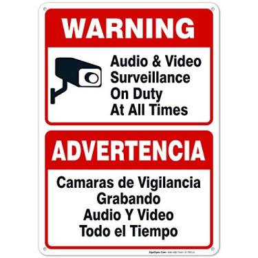 Imagem de Placa de vigilância de áudio e vídeo, bilíngue inglês espanhol, 25 x 35 cm, alumínio 040 sem ferrugem, resistente ao desbotamento, fácil montagem, uso interno/externo, feito nos EUA por Sigo Signs
