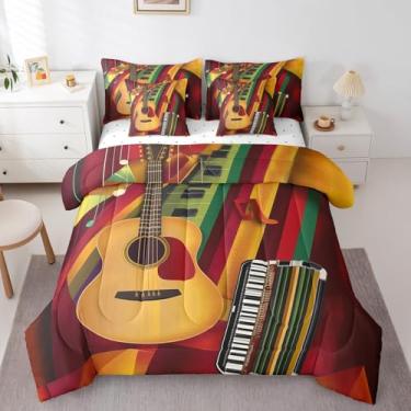 Imagem de Jogo de cama solteiro, 7 peças, piano, violão, acordeão, tema musical, retrô, reversível, lençol de cima + lençol com elástico + 2 fronhas + 2 fronhas