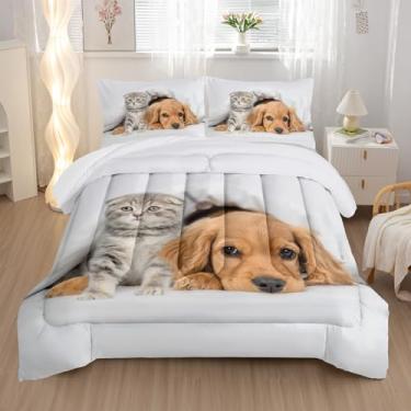 Imagem de Nttopship Conjunto de edredom infantil 3D fofo para cães, gato e Golden Retriever, tamanho solteiro, para crianças, fofo, para animais de estimação, com 2 fronhas
