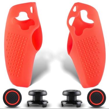 Imagem de SoAegis Conjunto de película de controle antiderrapante dividido, com 2 punhos de polegar e 2 bases elevadas, capa de controle de silicone individual para PS5 DualSense Wireless Edition (vermelho)