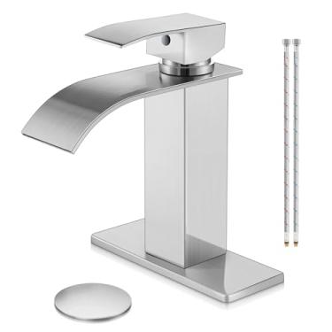 Imagem de Herogo Torneira de banheiro com cascata de níquel escovado, conjunto de torneira de pia de aço inoxidável com ralo pop-up e ganchos, alça única 1 furo ou 3 furos montagem em deck RV torneira de