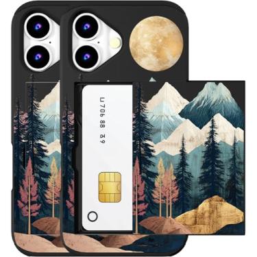 Imagem de MUQR Capa compatível com iPhone 16 Plus com porta-cartão fofo - Design Kawaii, proteção contra quedas de nível militar, capa carteira robusta para mulheres (montanha abstrata preta)
