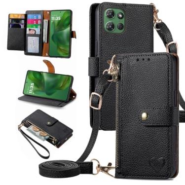 Imagem de Furiet Capa carteira para Motorola Moto G 5G 2025 com bolso com zíper e alça de pulso, suporte de couro PU flip fólio porta-cartões acessórios capa para celular para G5G 5 G G5 mulheres meninas preta