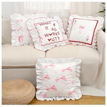 Imagem de Smefutong Conjunto de 4 capas de travesseiro 45,7 x 45,7 cm, estampa de gravata borboleta rosa, capa de almofada nórdica com babados para sofá, sala de estar/quarto/decoração de assento de janela