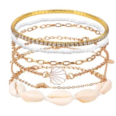Imagem de Mikovivi Conjunto de Tornozeleiras Contas para Mulher, Tornozeleiras Praia Douradas Ajustáveis Estilo Boho com Concha Pérola e Pingentes Disco Joias Havaianas de Verão para Os Pés
