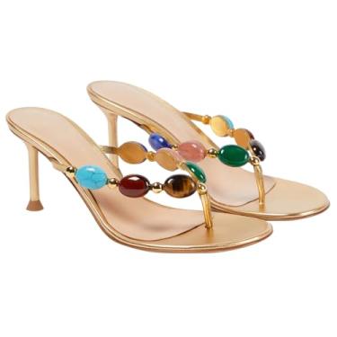 Imagem de Oakmoo Sandália feminina com tiras e tiras de verão, salto gatinho, bico aberto, salto médio, moderno, vestido de festa de casamento, sapato casual, Dourado, 35