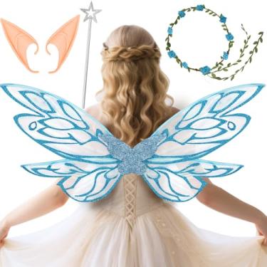 Imagem de Conjunto de fantasia de asas de fada para adultos, mulheres e meninas, Azul, 33.8"x13.8"