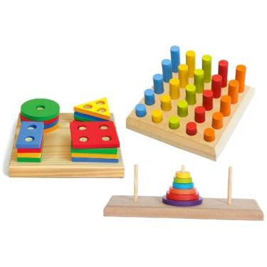 Imagem de Kit 3 Brinquedos - TORRE DE HANÓI + PINOS DE ENCAIXE + FORMAS GEOMÉTRICAS - Brinquedos Educativos