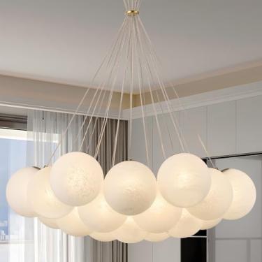 Imagem de FEAZAC Lustre de bolhas de meados do século, iluminação de globo de vidro branco leite de 19 luzes, luminária de teto pendente de dupla utilização com haste para sala de jantar, sala de estar, cozinha